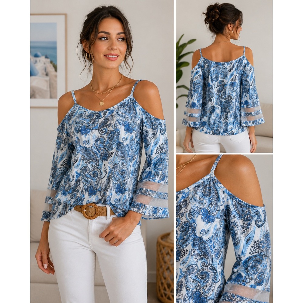 Womens L Blue Paisley Cold Shoulder Blouse Bell Sleeve‎ Boho Stretch Top